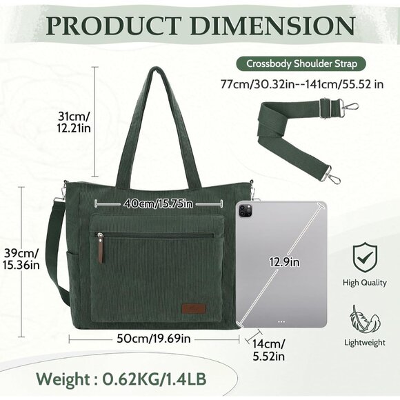 Dark Green Corduroy Large Tote Bag for Women with Zipper, Casual, Stylish, Versa - Picture 2 of 7